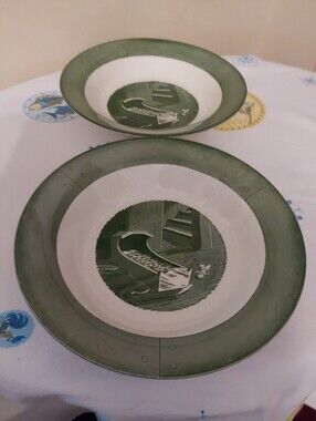 Vintage 2 Colonial Homestead Bowls, 1950s Large Rimmed Soups By Royal